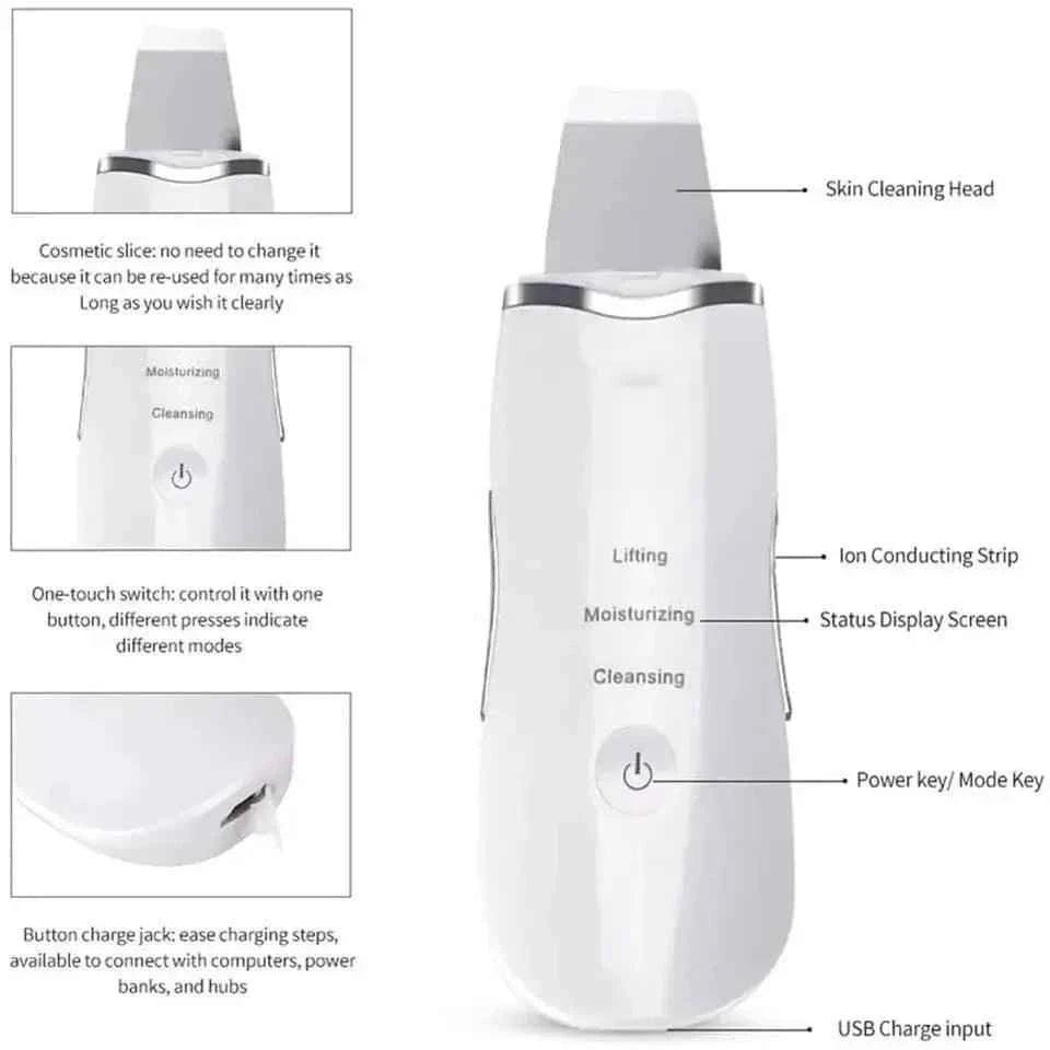 Ultrasonic Skin Scrubber, Deep Cleansing Facial Exfoliator, Vibrating Face Cleaner, Blackhead Extractor, Facial Massager with Ultrasonic Peeling, Cavita