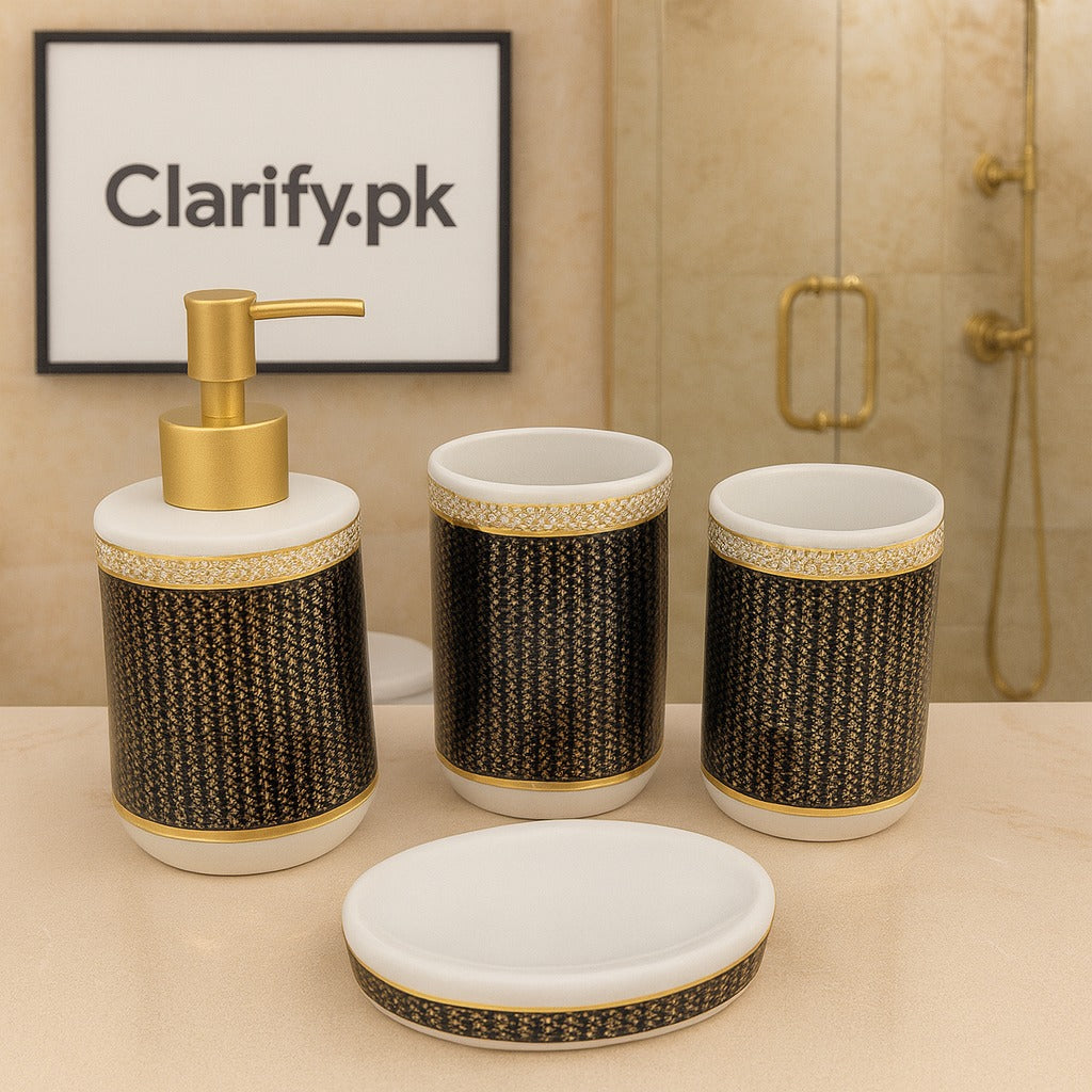 4-Piece Luxury Bathroom Set – Black & Gold Pattern Design