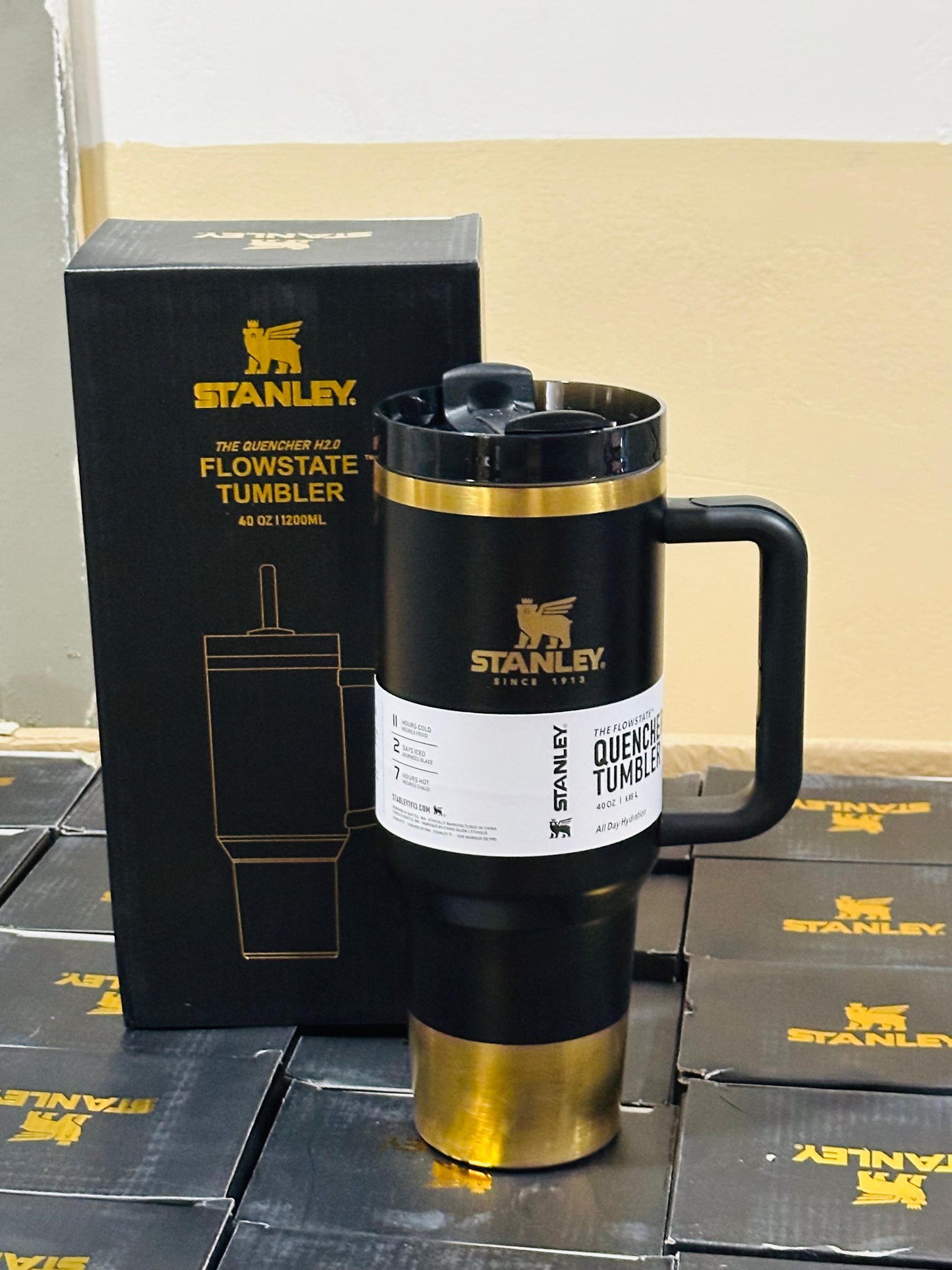 Stanley 40oz FlowState Tumbler – Black & Gold Edition (Premium Quality)