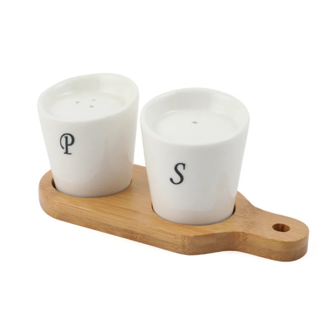 Ceramic Salt & Pepper Set – Bamboo Tray
