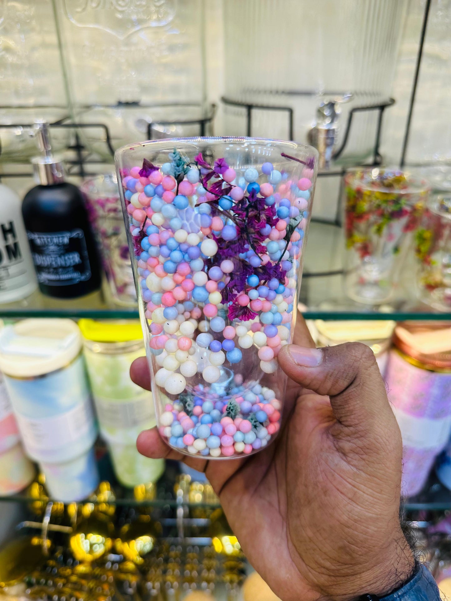 Pastel Bloom Double Wall Glass Cup – Decorative Floral Cup