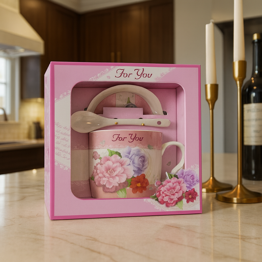Ceramic 3-Piece Gift Set – Cup, Saucer & Spoon Floral “For You” Edition