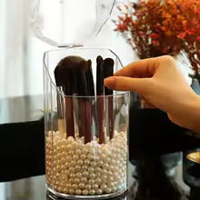 Clarify.pk acrylic cosmetic organizer holding makeup brushes with pearl decorations inside clear container