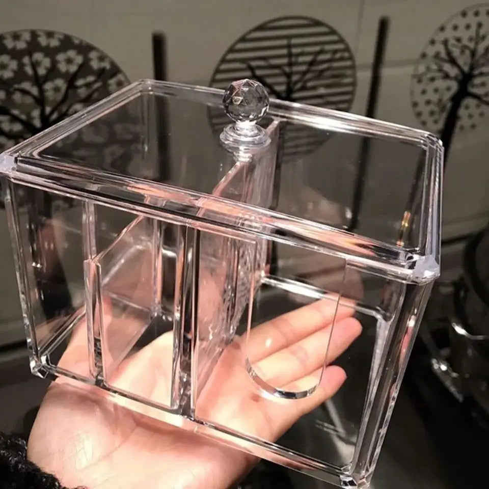 Clear acrylic cotton swab box with divided compartments and a decorative knob lid