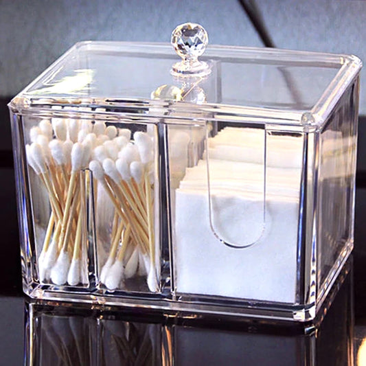 Clear acrylic cotton swab box with separate compartments for cotton swabs and cotton pads