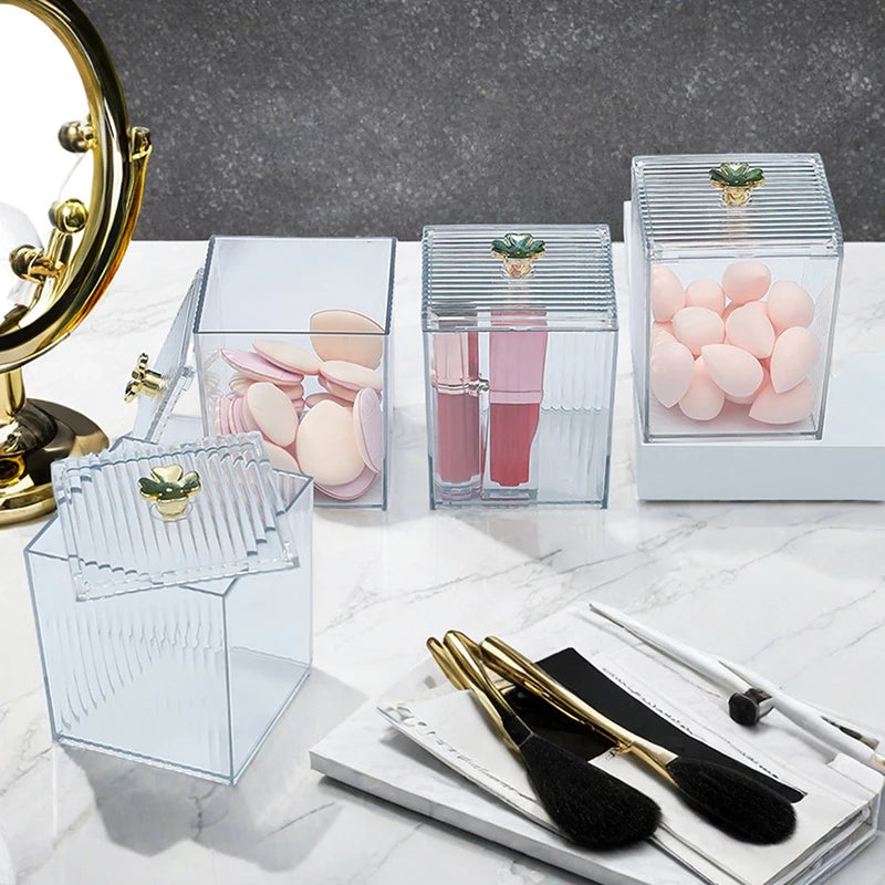 Acrylic makeup organizer cotton swab storage box set with clear compartments and gold pineapple handles
