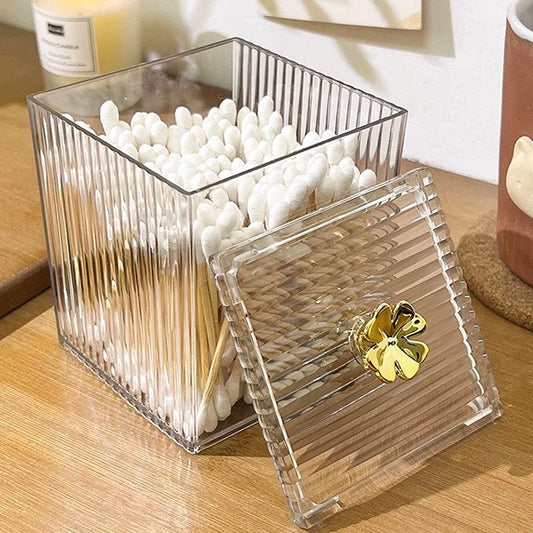 Clarify.pk clear acrylic makeup organizer cotton swab storage box with gold flower handle lid