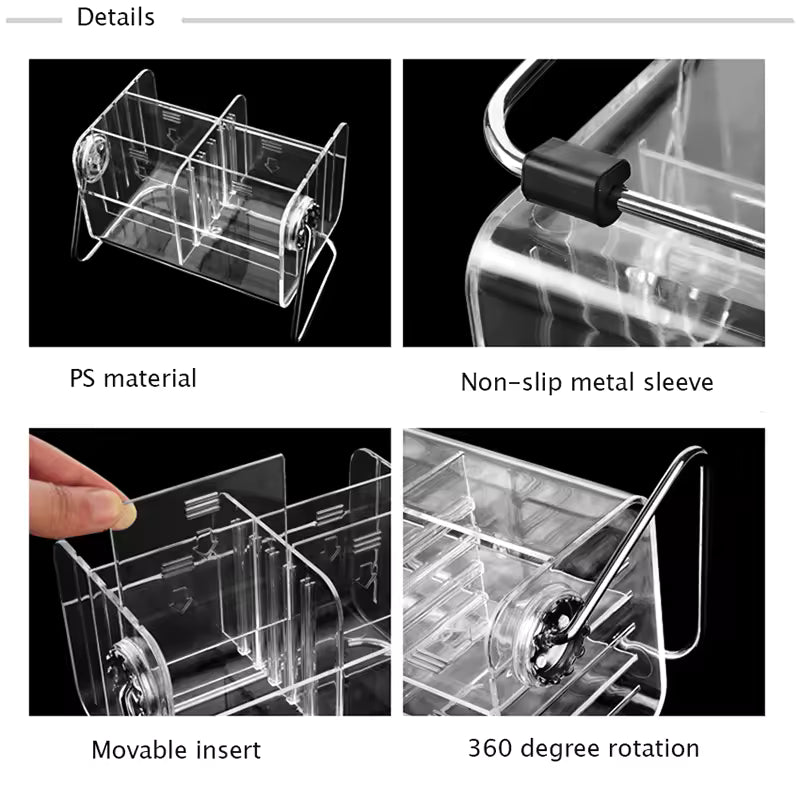 Clear acrylic remote control holder with movable insert and 360 degree rotation on non-slip metal sleeves