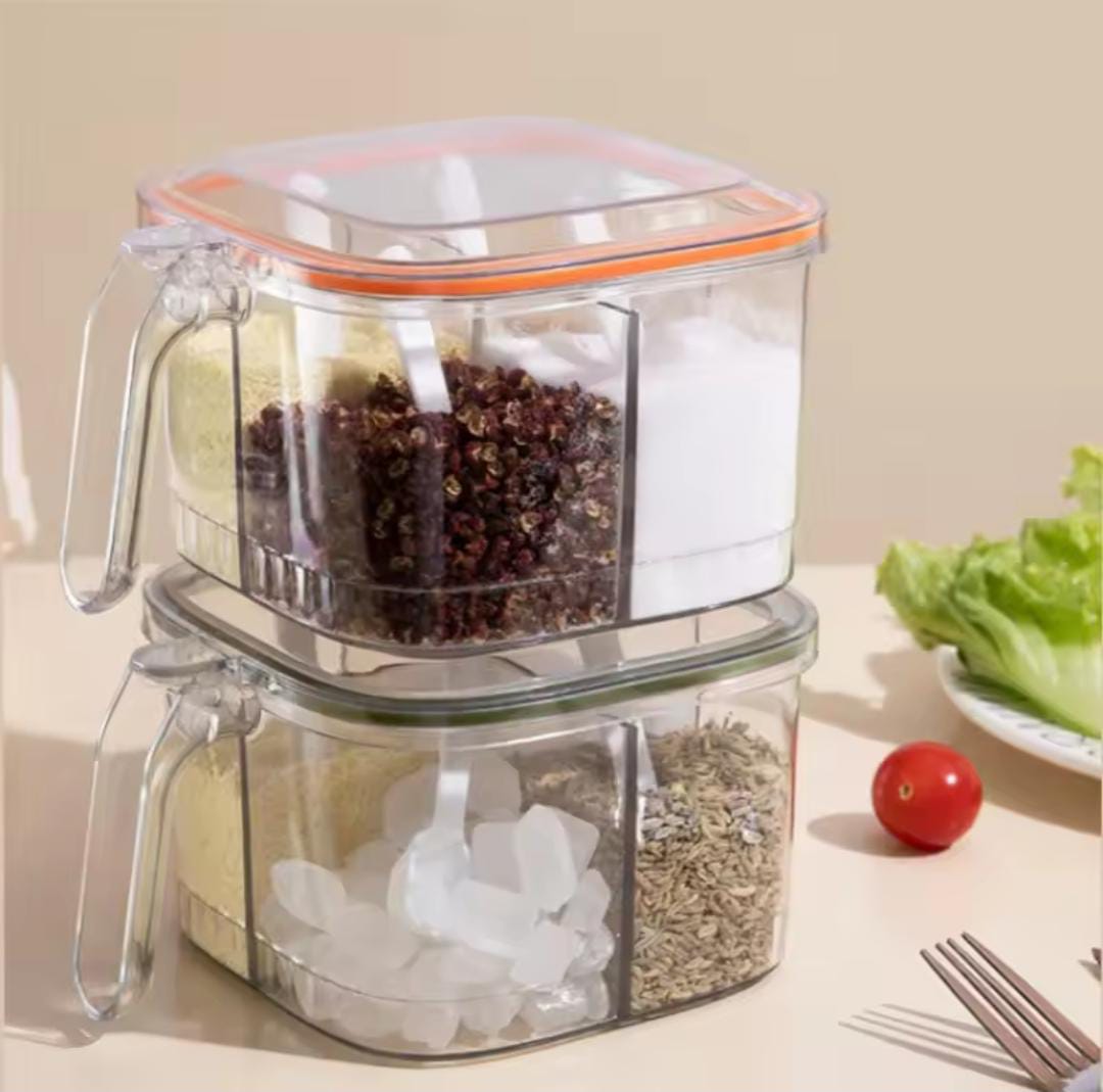 Clear acrylic spice organizer 4 compartment with handle and orange lid for kitchen storage