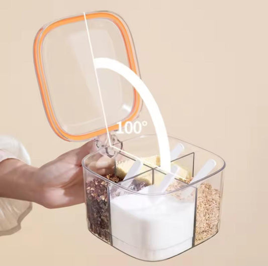 Clear acrylic spice organizer 4 compartment with orange-sealed lid held open showing stored spices