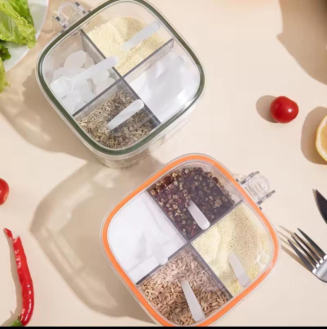 Clarify.pk acrylic spice organizer 4 compartment with transparent lids holding various spices