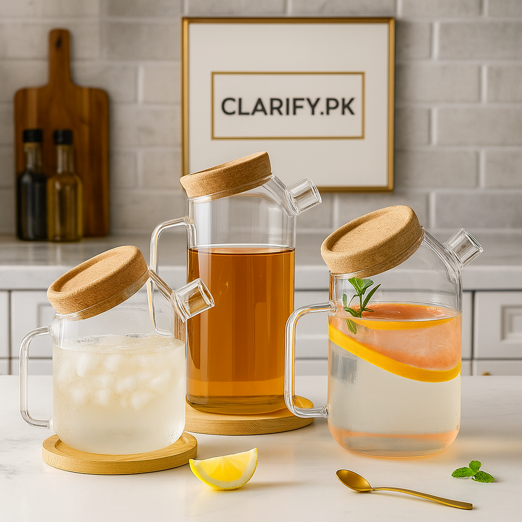 Set of 3 Glass Jugs with Wooden Lids – Elegant Drink Pitcher Set