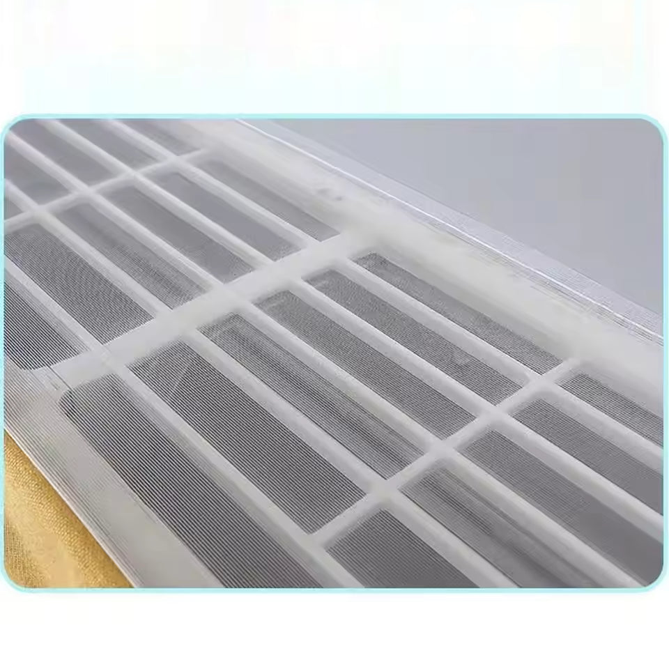 Transparent mesh air conditioner dust cover protecting AC vents from dirt and debris