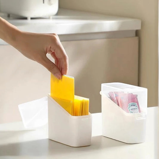 White airtight cheese storage container holding yellow cheese slices on kitchen counter