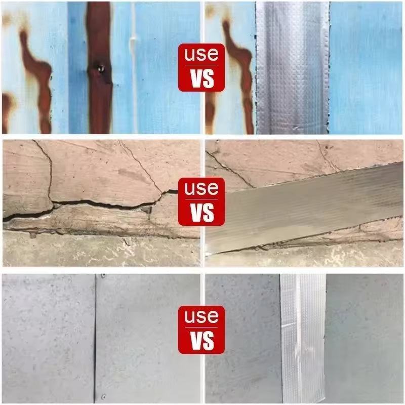 Comparison showing aluminum foil waterproof tape effectively sealing rust, cracks, and seams on various surfaces