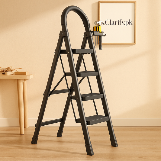 Black Clarify.pk anti slip steel ladder with four steps and safety handrail on wooden floor