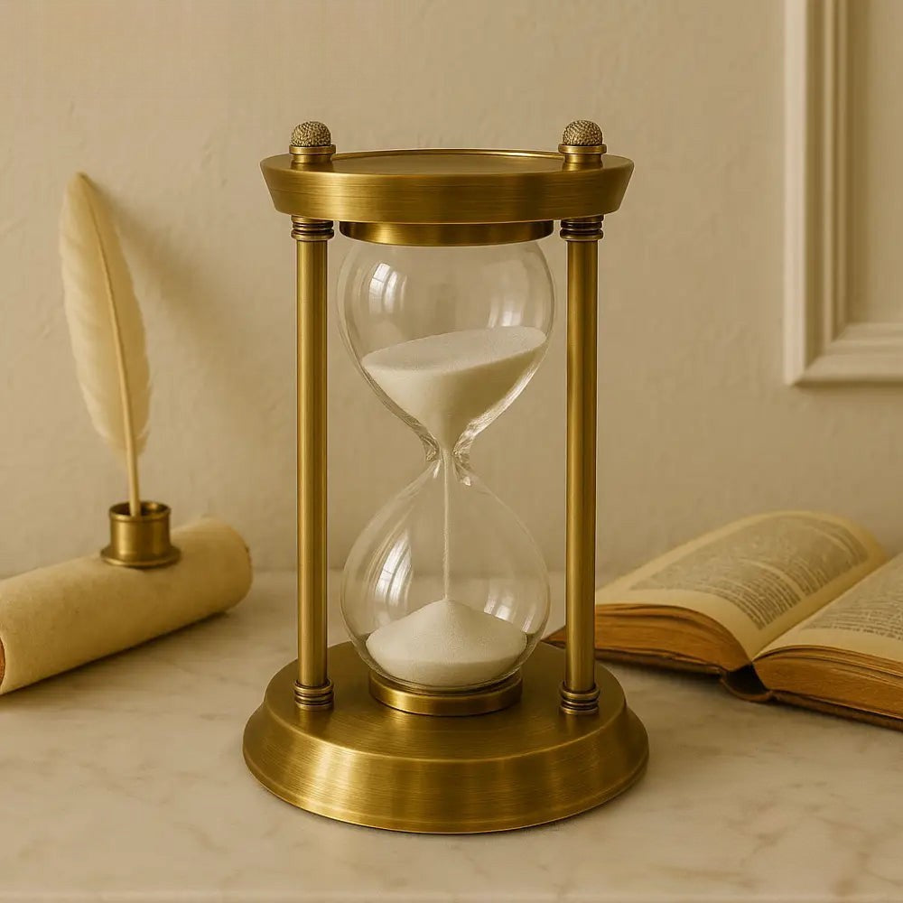Antique brass hourglass timer with white sand on a marble table near a feather quill and an open book