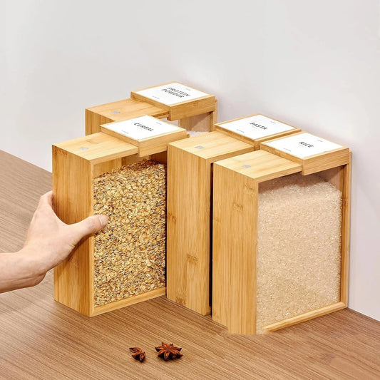 Clarify pk bamboo grain storage box set of wooden containers for rice and oats with sliding lids for kitchen organization