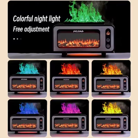 Aroma fireplace flame diffuser humidifier showing colorful adjustable flame lights in multiple colors