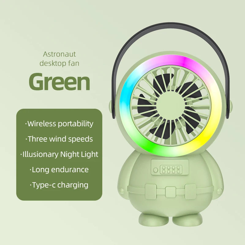 Clarify.pk portable usb desktop fan in green astronaut design with wireless portability and night light