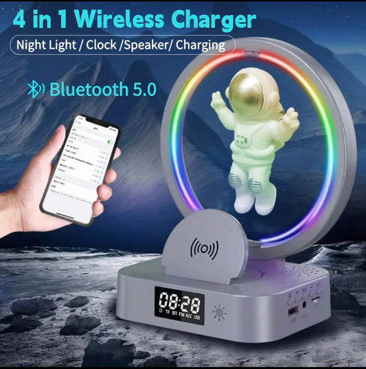 4 in 1 astronaut night light with bluetooth speaker wireless charger clock and speaker functions