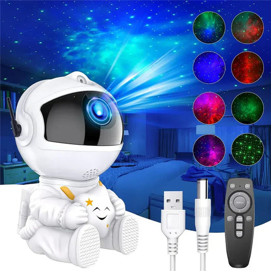 Astronaut star projector lamp projecting colorful stars with remote control and USB cables in bedroom setting