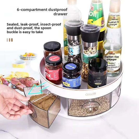 Clarify.pk rotating kitchen spice rack with 6-compartment dustproof drawer for organized spice storage
