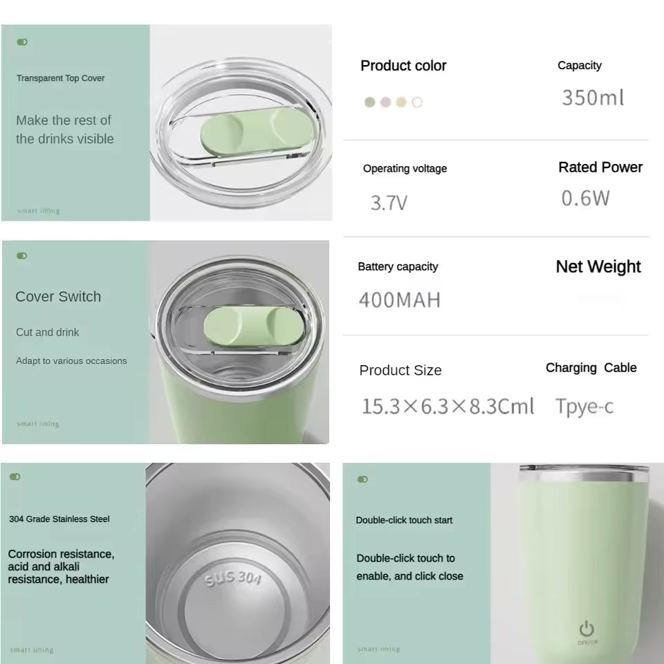 Clarify.pk automatic self stirring mug with transparent lid stainless steel and double-click touch in green color