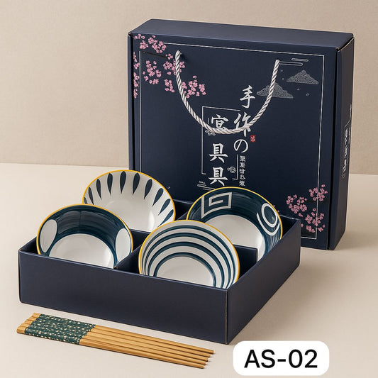 Japanese Ceramic Bowl Set of 4 with Chopsticks – Oriental Blue Blossom Print