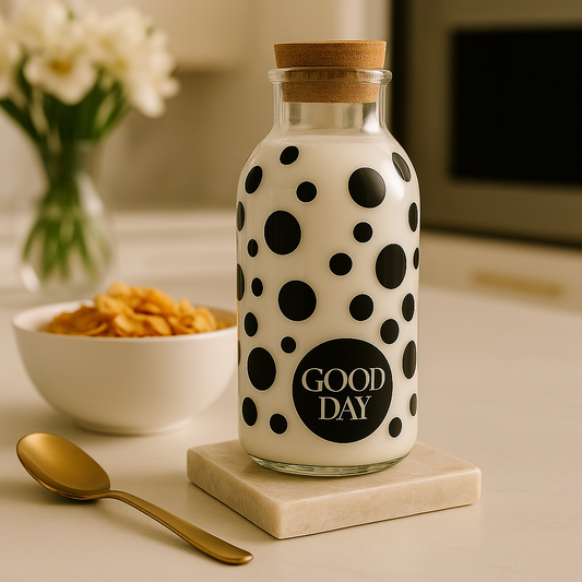 Polka Dot Glass Jar with Cork Top – Stylish Decorative Storage Bottle