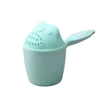 Light blue baby shampoo cup for bath with soft spout and comfortable handle for gentle rinsing