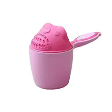 Pink baby shampoo cup for bath with a cute bear face design and handle for easy pouring