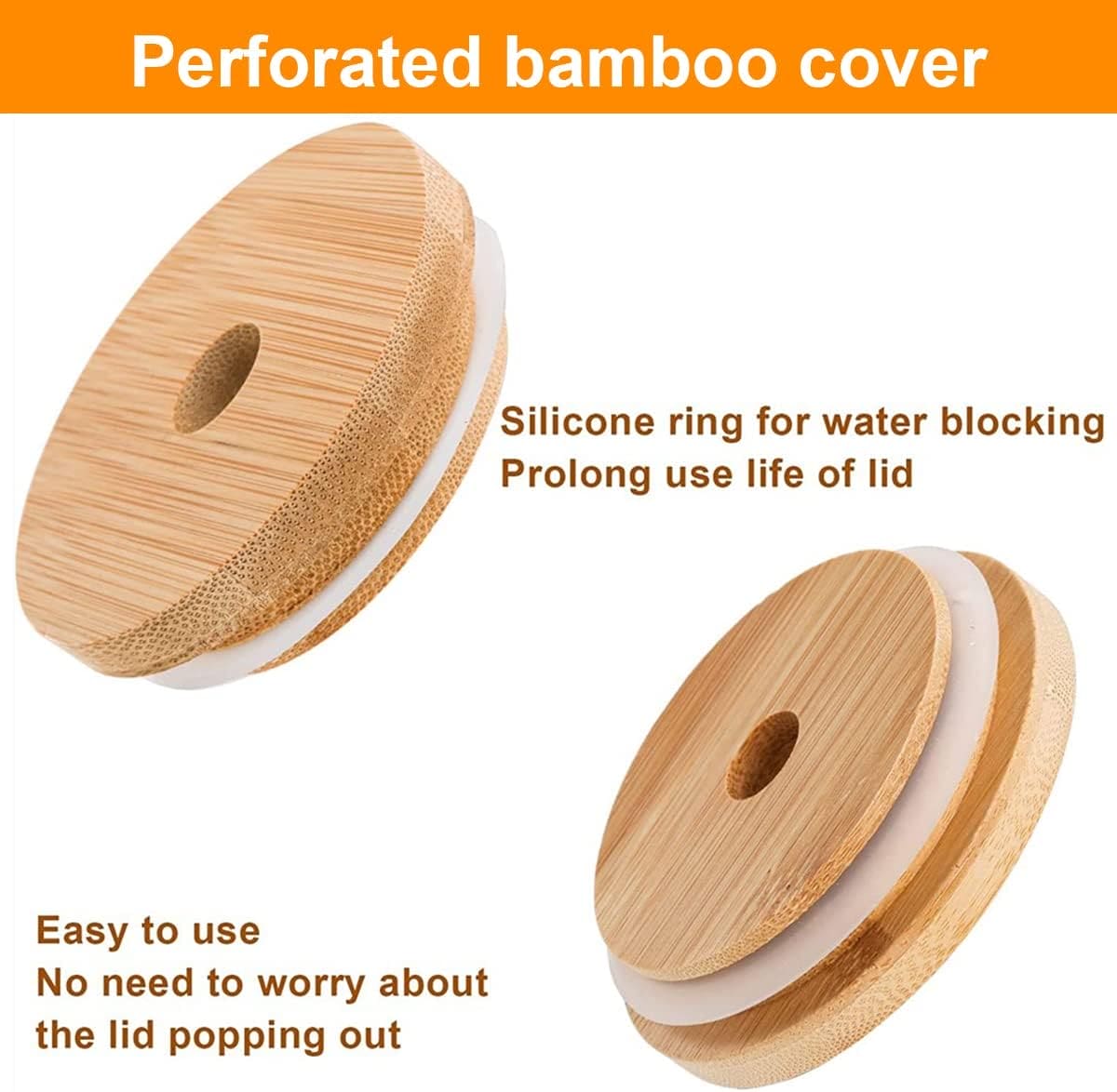 Perforated bamboo lid for bamboo lid glass mug with straw featuring silicone ring for water blocking