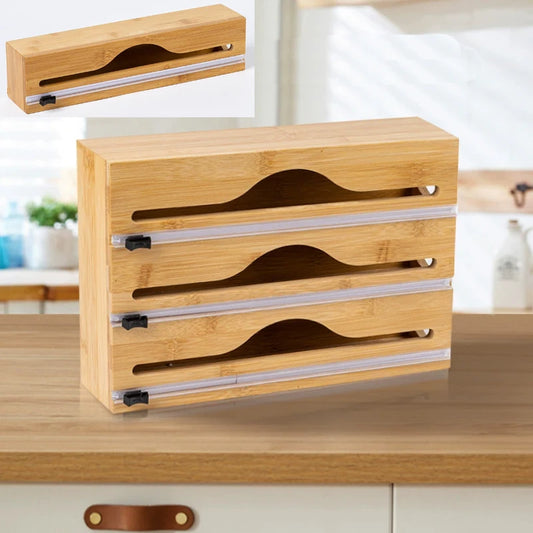 Clarify.pk bamboo wrap dispenser with cutter kitchen wrap organizer holding multiple wraps