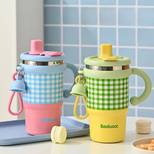 600ml stainless steel kids thermos in pastel pink and yellow with checkered design and handle