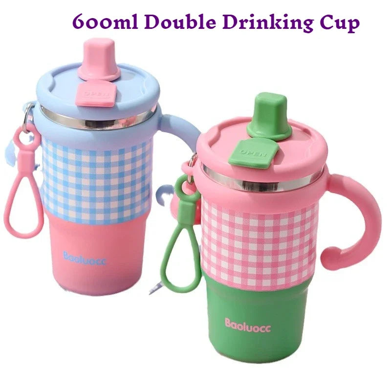 600ml stainless steel kids thermos with pink and blue gingham design and handles for easy carrying