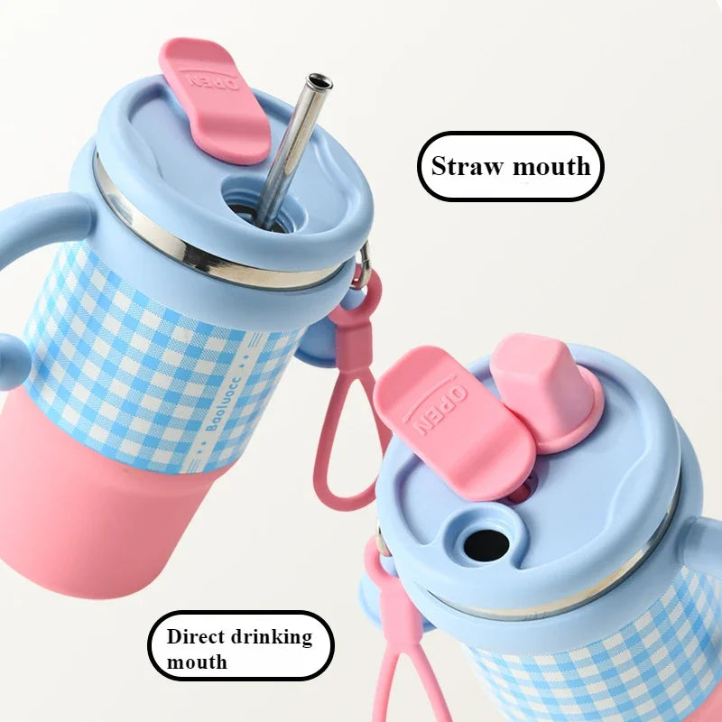 600ml stainless steel kids thermos with blue and pink checkered design and dual straw and direct drinking mouth options