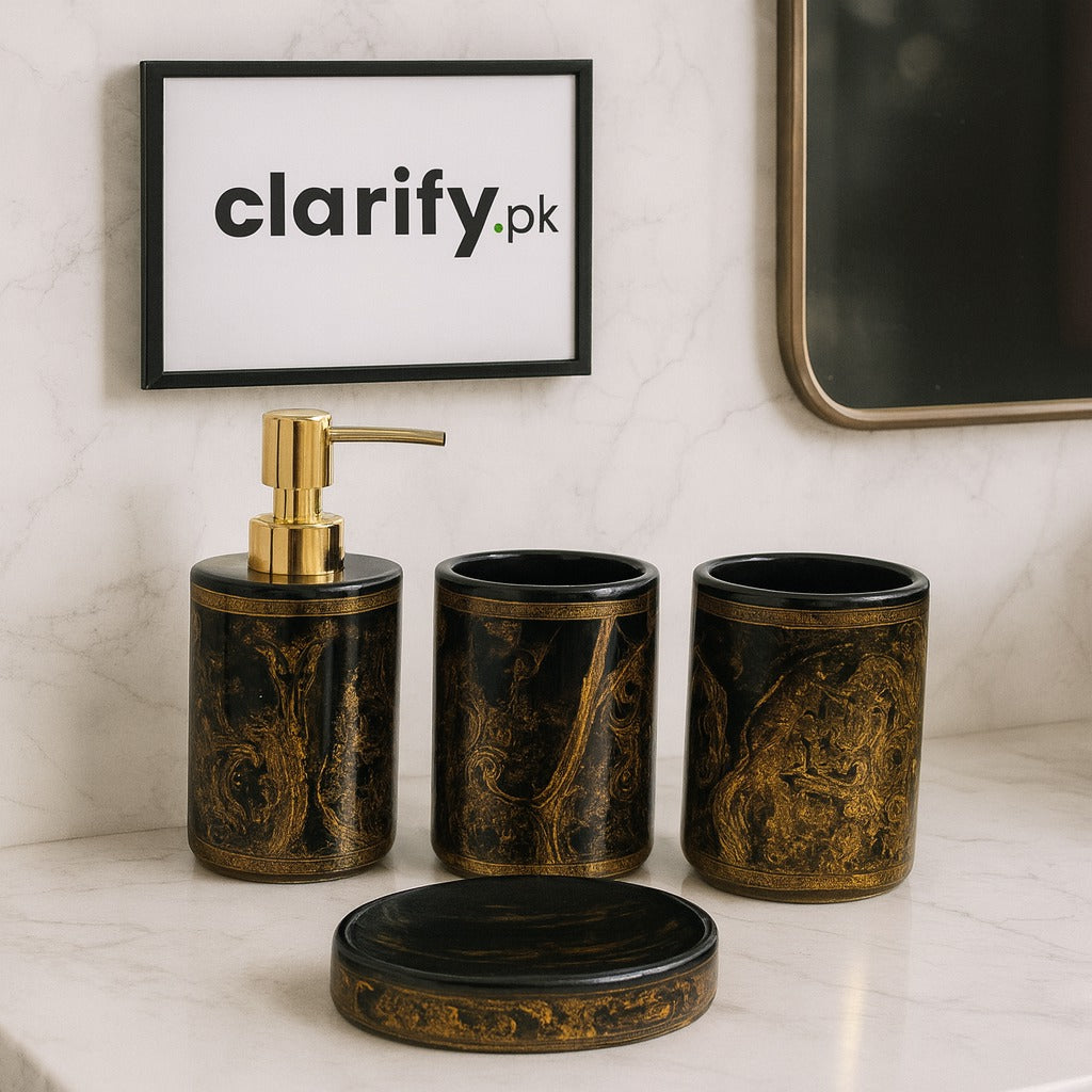 4-Piece Luxury Bathroom Set - Black & Gold Marble Design