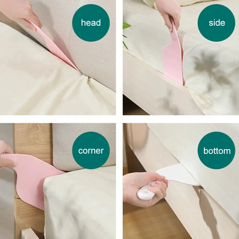 Clarify.pk bed sheet tucker tool in use for tucking sheets at head, side, corner, and bottom of the bed