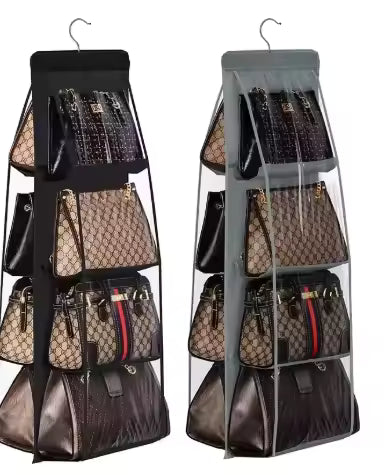 Clarify.pk handbag organizer for bedroom wardrobe bag storage in black and gray with multiple transparent pockets