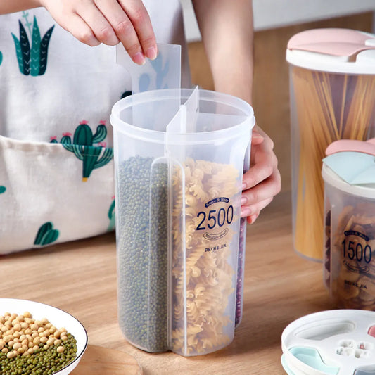 Clear plastic grain storage container with two compartments holding lentils and pasta on wooden countertop
