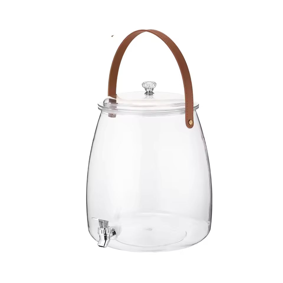 Clear 5.2L beverage dispenser with spigot and brown leather handle for easy carrying