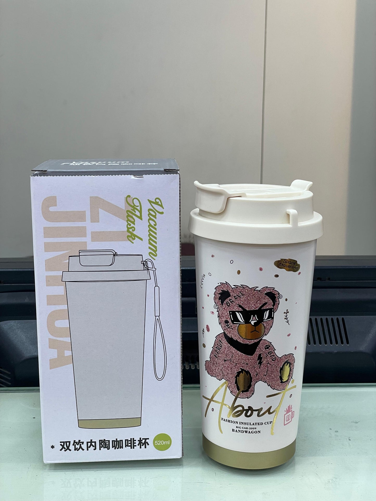 Stylish Pink Bear Vacuum Mug – 520ml