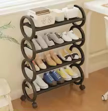 Clarify.pk 4 layer shoe rack with rollers holding various pairs of shoes in a room