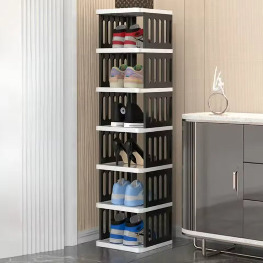 Clarify.pk 5 layer shoe storage organizer in black and white with multiple pairs of shoes neatly arranged