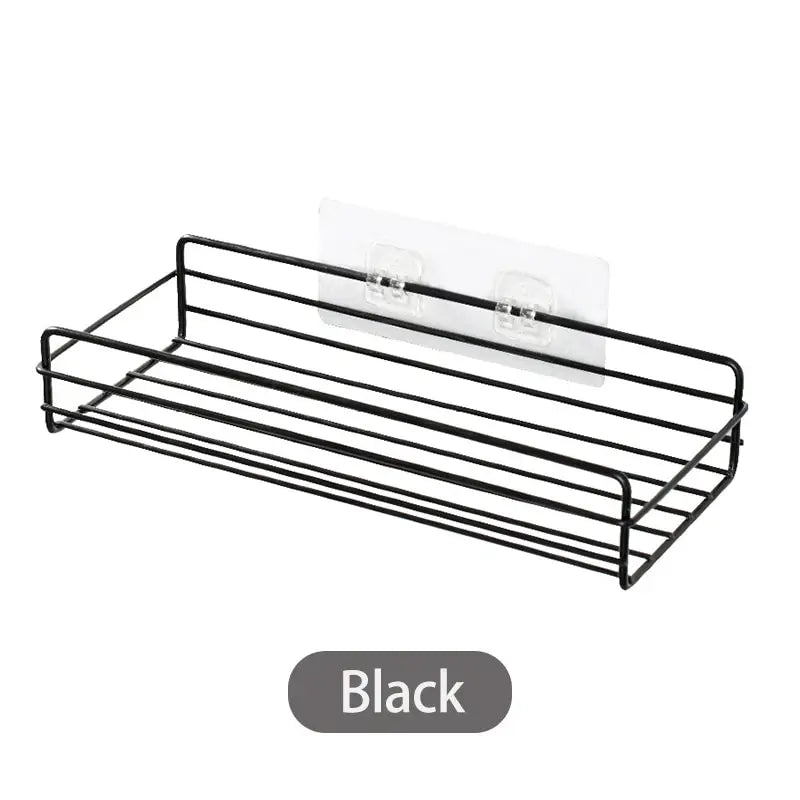 Black bathroom shelf organizer with suction cups for wall mounting and space-saving storage