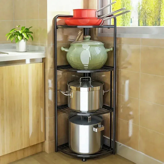 Clarify.pk black metal multi tier storage organizer holding pots in a kitchen corner
