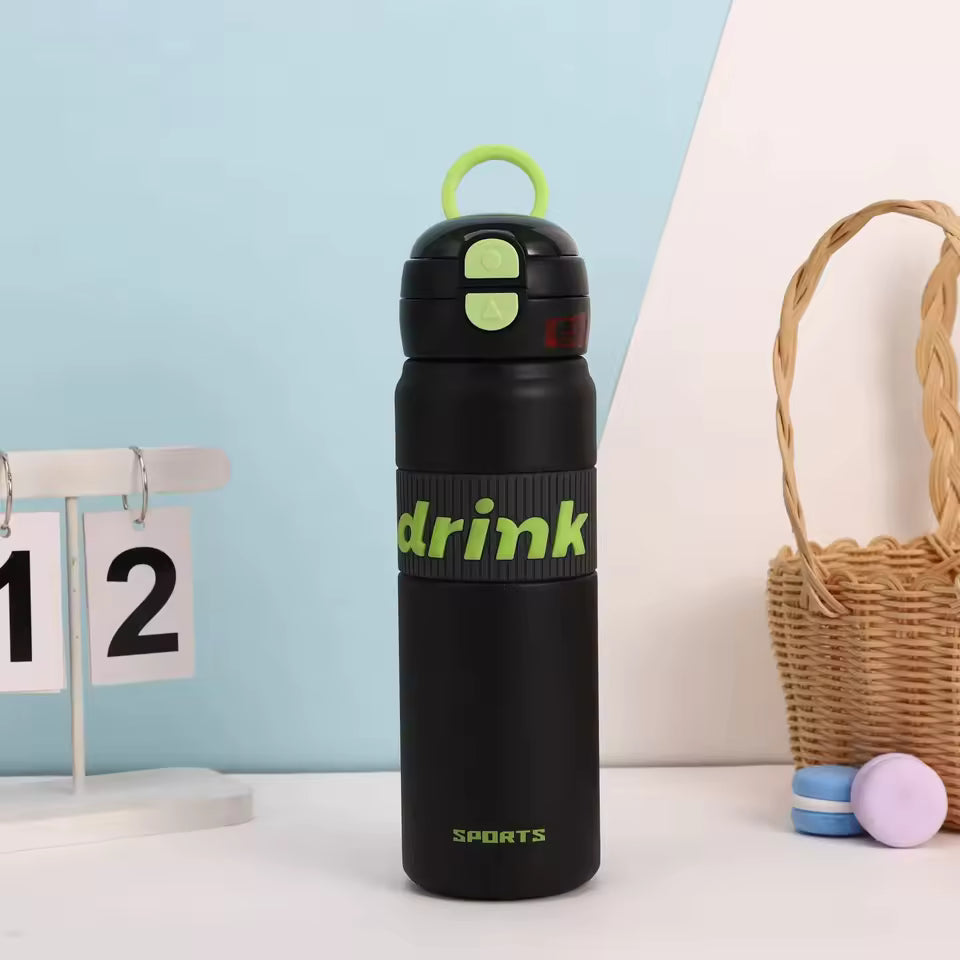 Black stainless steel sports water bottle with green drink text and flip-top lid for easy hydration