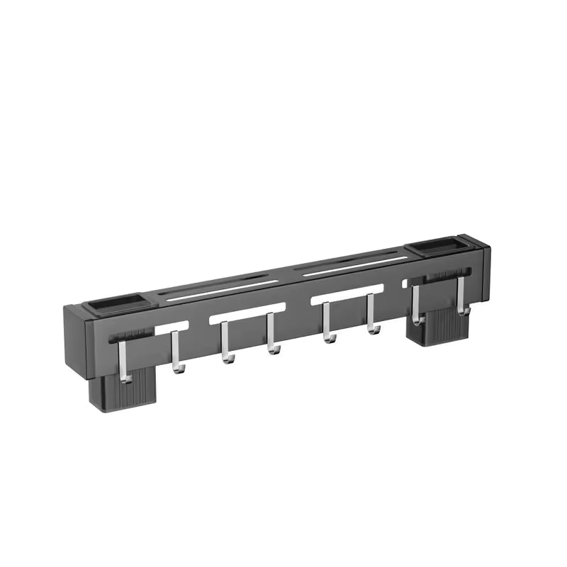 Black wall mounted knife holder with multiple hooks and slots for kitchen tool storage
