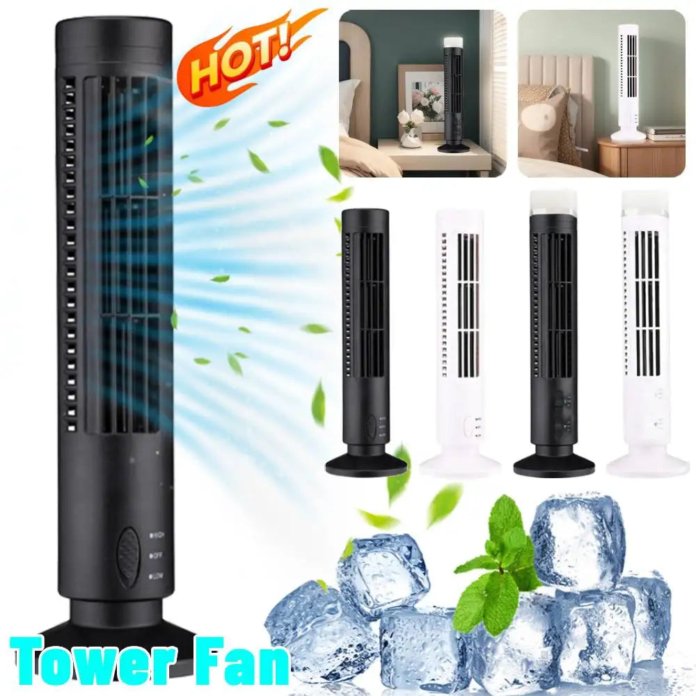 Clarify.pk bladeless desktop tower fan in black and white with air flow and ice cubes showing cooling effect